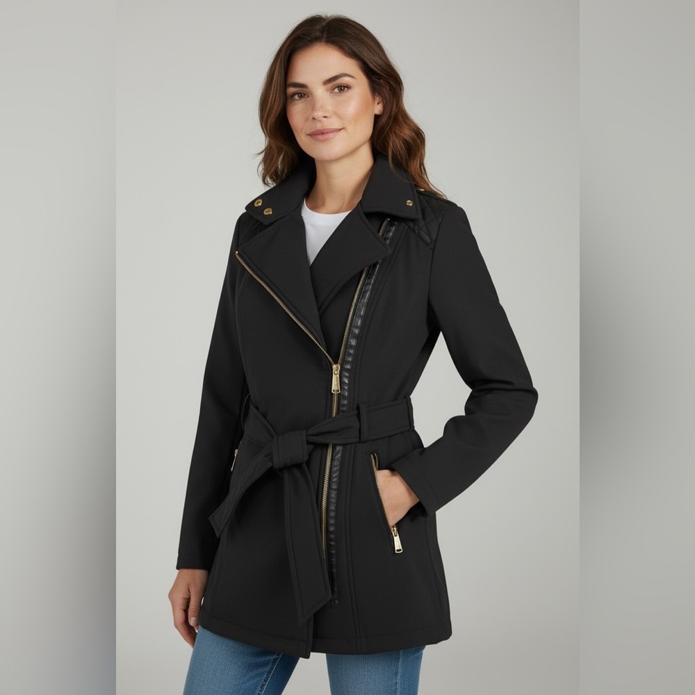 Michael Kors Belted Softshell Moto Coat Black XS Hidden Hood - Picture 16 of 16